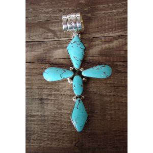 Navajo Indian Sterling Silver Turquoise Cross Pendant by Vanessa Kee 