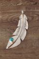 Navajo Hand Stamped Silver Feather Turquoise Pendant - Long