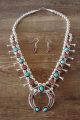 Navajo Sterling Silver Turquoise Coral Squash Blossom Necklace Set - PG