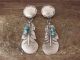 Navajo Hand Stamped Sterling Silver Concho Turquoise Feather Post Earrings by Yazzie