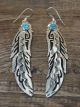 Navajo Sterling Silver Feather & Turquoise Petroglyph Dangle Earrings - Singer