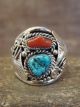 Navajo Sterling Silver Turquoise & Coral Feather Ring Signed Spencer - Size 12