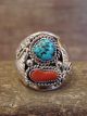 Navajo Sterling Silver Turquoise & Coral Feather Ring Signed Spencer - Size 12.5