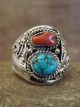 Navajo Sterling Silver Turquoise & Coral Feather Ring Signed Spencer - Size 15