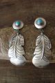 Navajo Hand Stamped Sterling Silver Turquoise Concho Feather Post Earrings by Yazzie