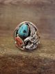 Navajo Indian Sterling Silver Turquoise & Coral Eagle  Ring by Saunders - Size 12.5