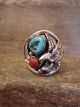 Navajo Indian Sterling Silver Turquoise & Coral Eagle  Ring by Saunders - Size 13