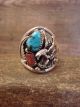 Navajo Indian Sterling Silver Turquoise & Coral Eagle  Ring by Saunders - Size 13.5