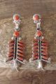 Zuni Indian Sterling Silver Coral Needle Point Blossom Post Earrings - Loncasion 