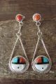 Zuni Sterling Silver Spiny Oyster with Turquoise, Coral Inlay Sunface Post Earrings - Neha