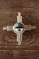 Zuni Indian Jewelry Sterling Silver Turquoise Sunface Zia Symbol Pin/Pendant - Kiyite