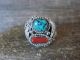 Navajo Sterling Silver Turquoise & Coral Feather Ring Signed Spencer - Size 11