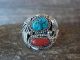 Navajo Sterling Silver Turquoise & Coral Feather Ring Signed Spencer - Size 10.5