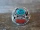 Navajo Sterling Silver Turquoise & Coral Feather Ring Signed Spencer - Size 10.5