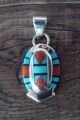 Zuni Sterling Silver Turquoise,  Coral, Jet Inlay Pendant by Ophelia Panteah