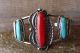 Navajo Jewelry Nickel Silver Coral and Turquoise 3 Stone Bracelet by Bobby Cleveland