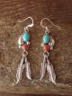 Navajo Sterling Silver Turquoise & Coral Feather Dangle Earrings - Spencer