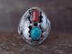 Navajo Sterling Silver Turquoise & Coral Feather Ring Signed MR - Size 11