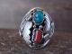 Navajo Sterling Silver Turquoise & Coral Feather Ring Signed MR - Size 11