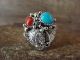 Navajo Sterling Silver Turquoise & Coral Buffalo Ring Size 10.5 - Jeanette Saunders