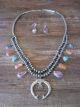 Navajo Sterling Silver Gemstone Squash Blossom Necklace and Earring Set 