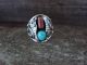 Navajo Indian Sterling Silver Turquoise & Coral Feather Ring by Begay - Size 9
