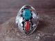 Navajo Sterling Silver Turquoise & Coral Feather Ring Signed MR - Size 10