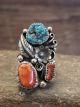 Navajo Indian Sterling Silver Turquoise & Coral Floral Ring by Largo - Size 8.5