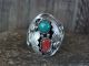 Navajo Sterling Silver Turquoise & Coral Feather Ring Signed MR - Size 11.5