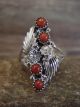 Navajo Sterling Silver Floral & Coral Ring by Saunders - Size 5