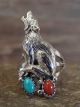 Navajo Sterling Silver Wolf Turquoise & Coral Ring Size 6.5 - Platero
