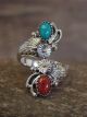 Navajo Indian Floral Sterling Silver Turquoise & Coral Adjustable Ring - Belin