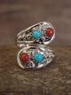 Navajo Indian Sterling Silver Coral & Turquoise Adjustable Ring - Belin