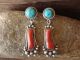 Navajo Sterling Silver Turquoise & Coral Earrings Signed Tom Lewis