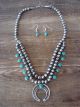 Genuine Small Navajo Sterling Silver Turquoise Squash Blossom Necklace Set - PG