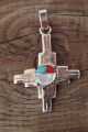 Zuni Indian Jewelry Sterling Silver Inlay Sunface Zia Cross Pendant - J. Shack
