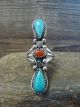 Navajo Sterling Silver Turquoise & Coral Ring by Vandever - Size 6