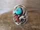 Navajo Indian Sterling Silver Turquoise & Coral Eagle  Ring by Saunders - Size 11.5
