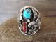 Navajo Indian Sterling Silver Turquoise & Coral Eagle  Ring by Saunders - Size 12