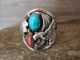 Navajo Indian Sterling Silver Turquoise & Coral Eagle  Ring by Saunders - Size 14