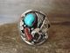 Navajo Indian Sterling Silver Turquoise & Coral Eagle  Ring by Saunders - Size 14.5