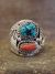 Navajo Sterling Silver Turquoise & Coral Feather Ring Signed Spencer - Size 11.5