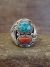 Navajo Sterling Silver Turquoise & Coral Feather Ring Signed Spencer - Size 12.5
