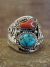 Navajo Sterling Silver Turquoise & Coral Feather Ring Signed Spencer - Size 15