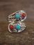 Navajo Indian Sterling Silver Coral & Turquoise Adjustable Ring - Belin