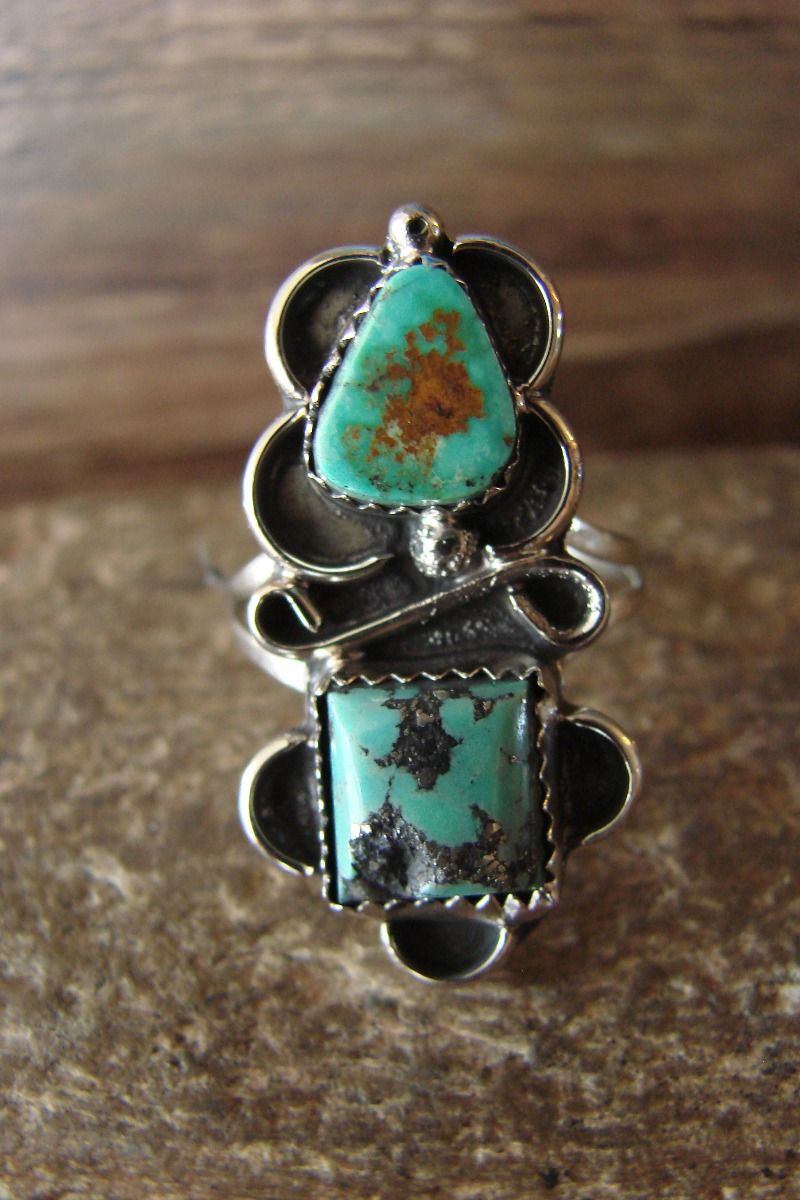 Jackie Cleveland Navajo Indian Jewelry Nickel Silver Turquoise Ring Size 9 1/2 