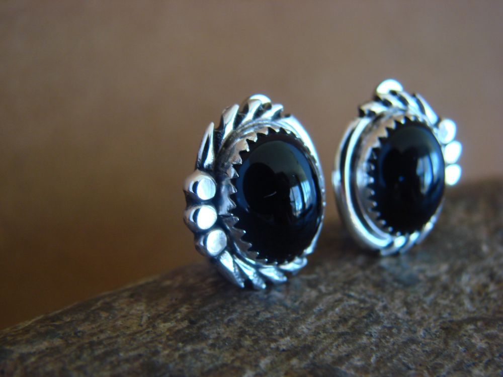 Native American Sterling Silver Black Onyx Post Earrings by Delores Cadman 