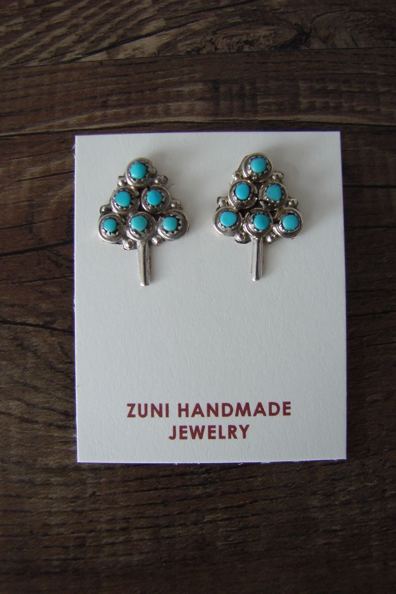 Zuni Handmade Sterling Silver Turquoise Heart Shape Post Earrings 