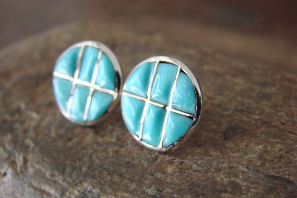 Zuni Indian Jewelry Sterling Silver Turquoise Inlay Hoop Earrings by Boone 