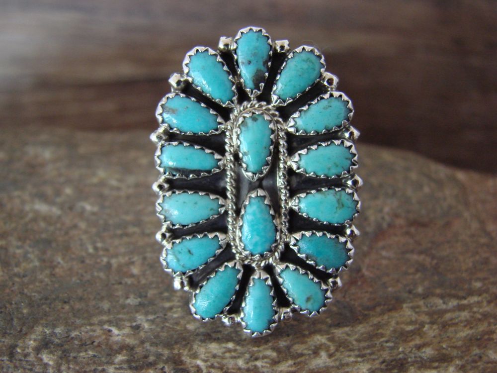 Navajo Indian Jewelry Sterling Silver Turquoise Cluster Ring Size 6 1/2 -  Begay